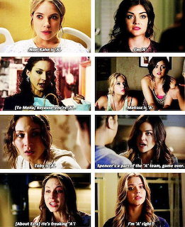Grid collage of Pretty Little Liars TV show scenes with character dialogue captions