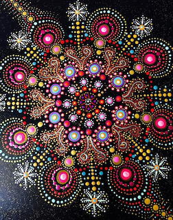 Colorful mandala with concentric circles of dots in pink, purple, yellow and white on black background