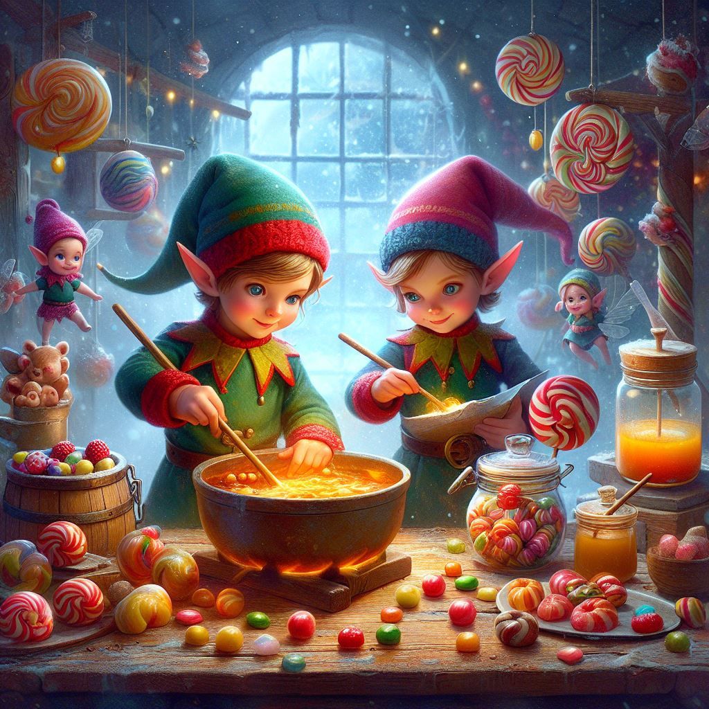 Two cartoon Christmas elves making candy in workshop with colorful sweets and lollipops