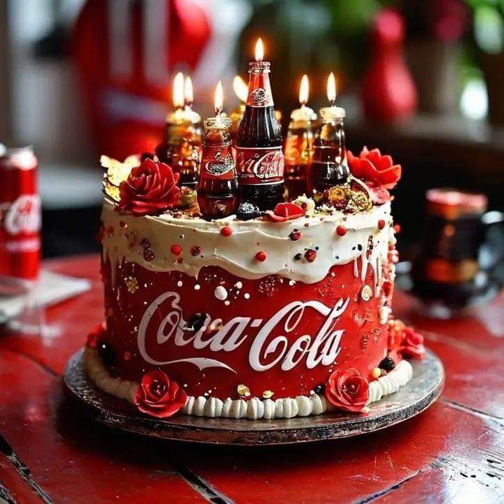 Red and white birthday cake with lit candles, frosting drips, and red roses on a table