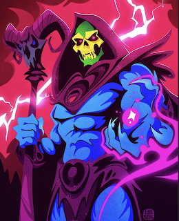 Illustration of Skeletor holding his ram staff with lightning in a magenta and purple background