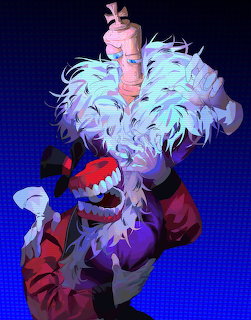 Illustration of a creepy clown monster with white hair, sharp grining teeth, and a red nose on blue background