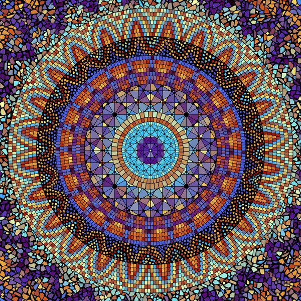 Colorful circular mandala with geometric mosaic patterns and dotwork in turquoise, orange, and purple tones