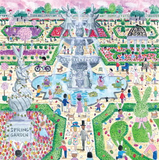 Colorful illustrated spring garden with fountain, people hunting Easter eggs, flowers, paths, and village buildings