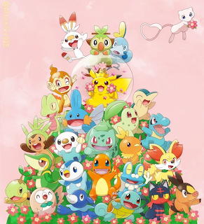 Illustrated pyramid arrangement of various colorful Pokemon starter characters on pink background