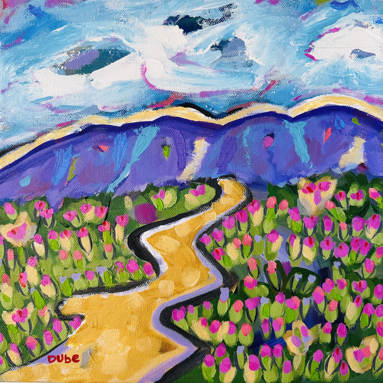 Impressionist landscape with yellow path through pink wildflowers, purple mountains, and swirling clouds