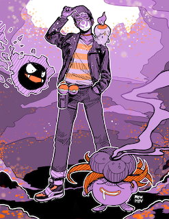 Anime-style Pokemon trainer in purple hoodie with Gastly and Skorupi in purple landscape