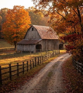 Rustic barn beside a winding dirt road with autumn trees and wooden fences