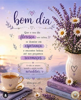 Cup of tea with lavender flowers, daisies in a vase, and stacked books with Portuguese good morning text