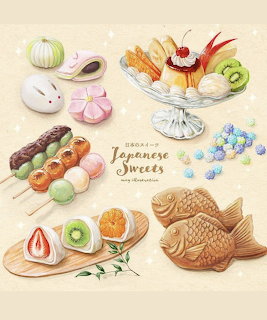 Illustration of various Japanese sweets including dango, taiyaki, mochi, and fruit parfait on beige background