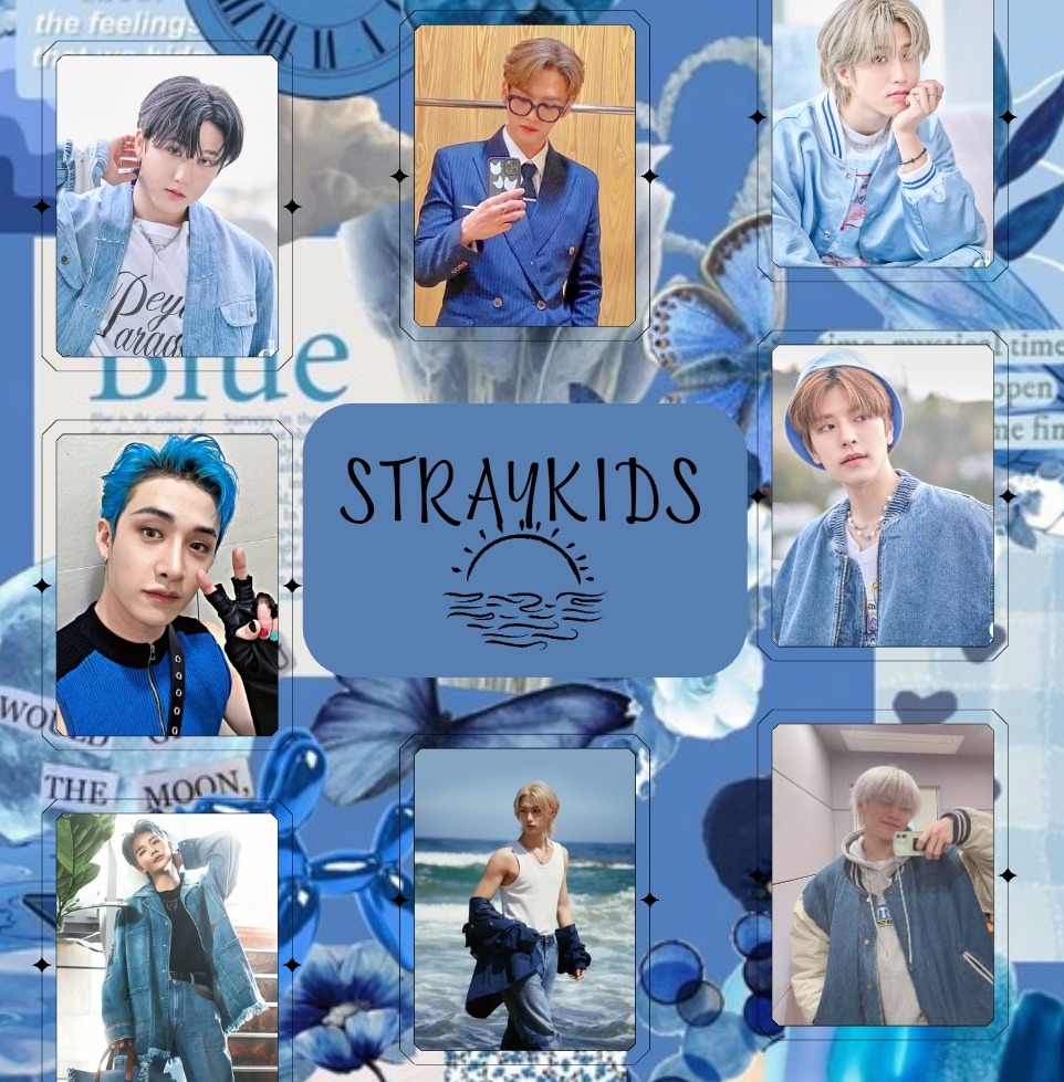 Blue-themed collage of young male K-pop idol in multiple photos with decorative overlays and text