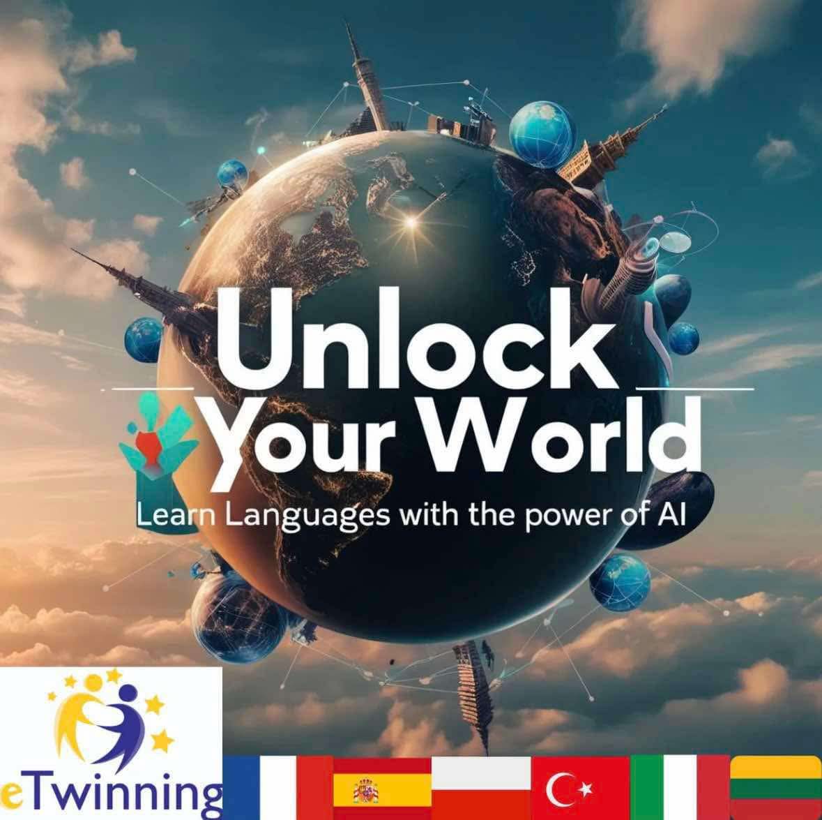 Stylized globe above clouds with 'Unlock Your World' text and several flags at the bottom