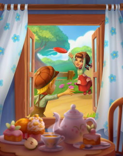 Cartoon girl riding a turtle seen through an open window with tea set and pastries on the sill