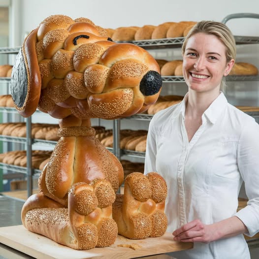 Woman posing beside a large Snoopy-shaped bread sculpture in a bakery