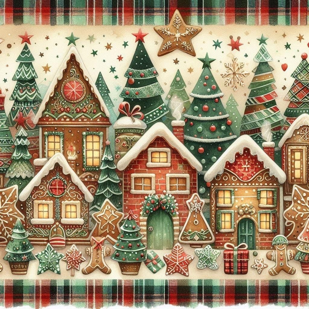 Festive gingerbread houses and Christmas trees in a decorative holiday village illustration with plaid frame