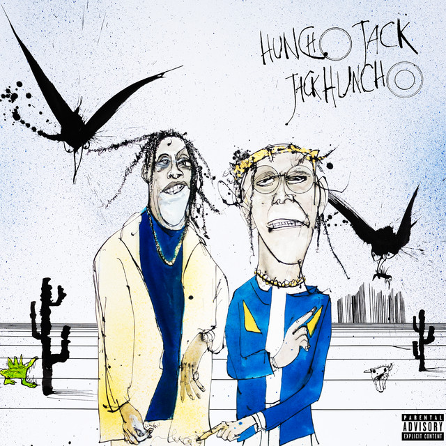 Illustrated album cover with two stylized men, black birds, cacti, and handwritten Huncho Jack text