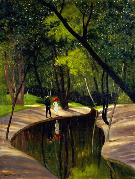 Painting of a winding park path in a forest with two figures near a deep dark ravine.