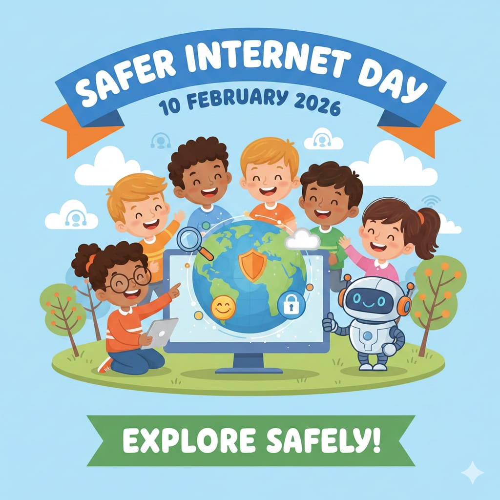 Children around computer screen with globe and security symbols for Safer Internet Day