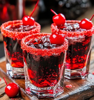 Three red cherry shot cocktails with sugar-rimmed glasses and maraschino cherry garnishes on a wooden board