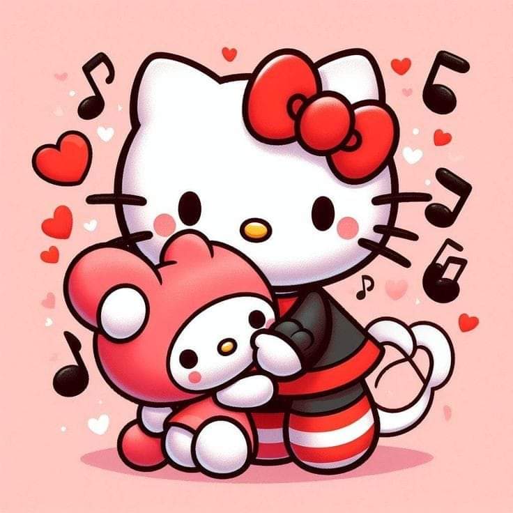 Hello Kitty holding My Melody plush surrounded by hearts and musical notes