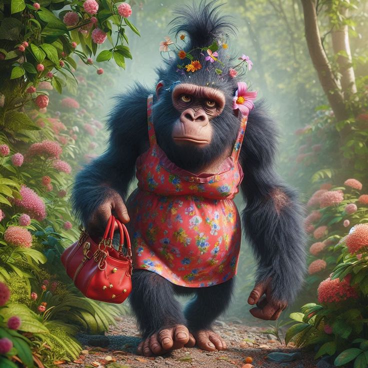 Illustrated gorilla in a floral dress carrying a red handbag on a flower-lined garden path