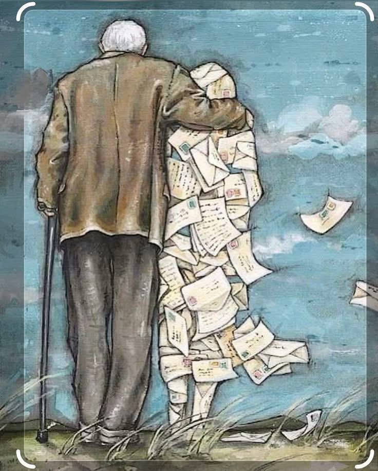 Illustration of an elderly couple embracing, with the woman formed from flying paper notes