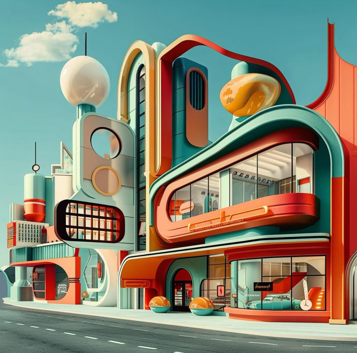Colorful retro-futuristic buildings with curved sci-fi architecture on a quiet street