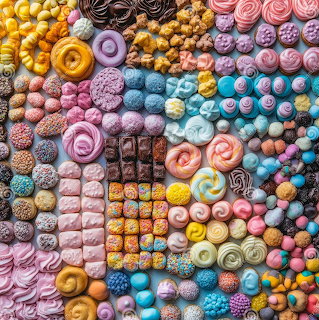 Overhead view of multicolored candies and sweets arranged in a dense grid pattern with various shapes and textures