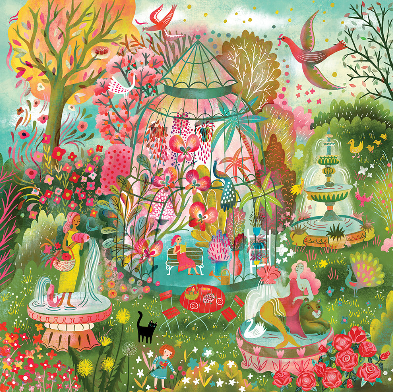Colorful garden illustration with a glass greenhouse, two women, flamingos, flowers, and a fountain