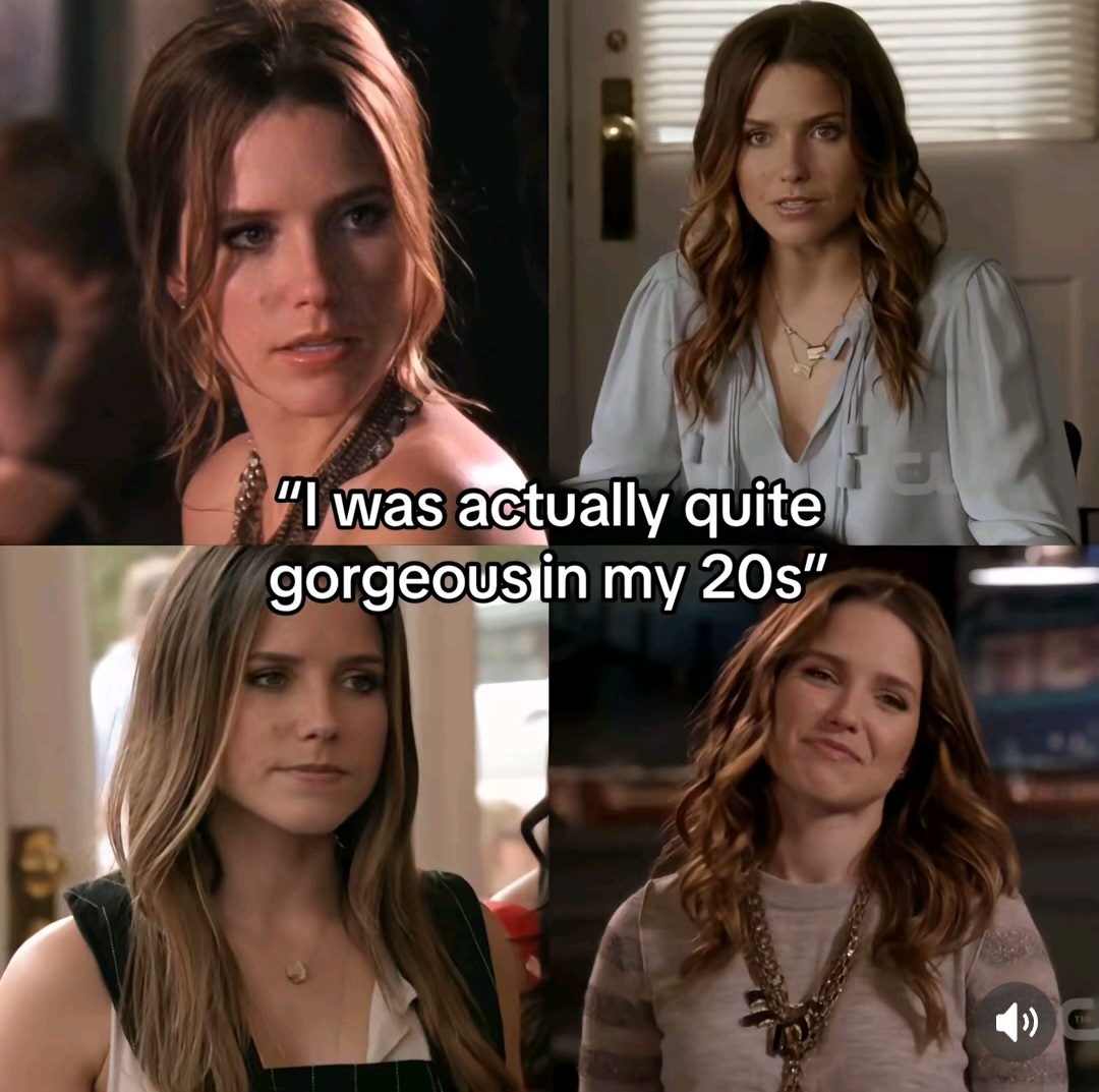 Four-panel collage of Sophia Bush in indoor scenes with a quote caption across the middle
