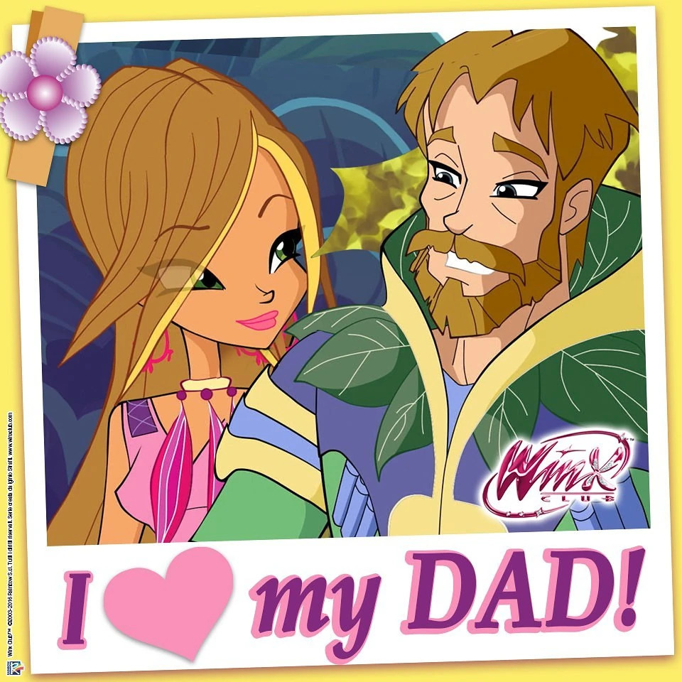 Cartoon illustration of Flora and her bearded father Rhodos from Winx Club with flowers and heart text below