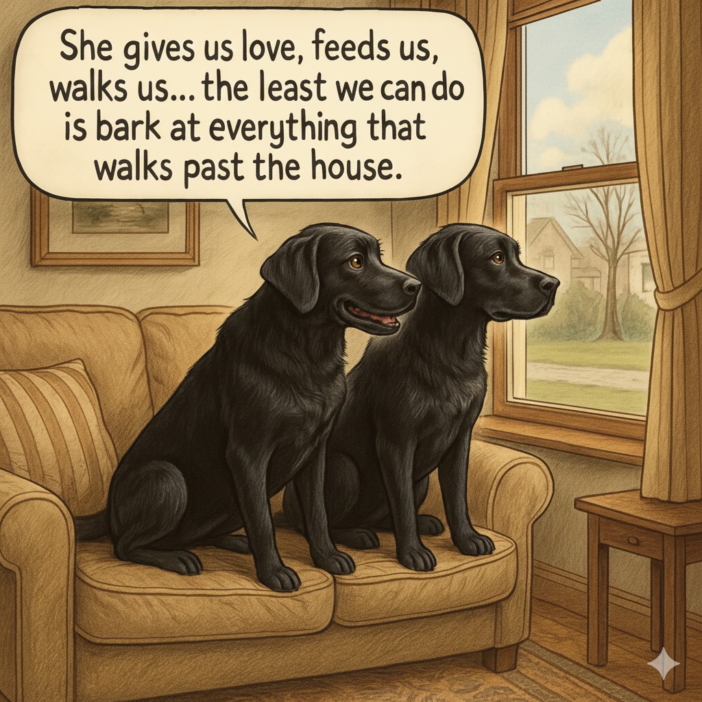 Two black dogs sitting on a couch beside a window in a living room illustration