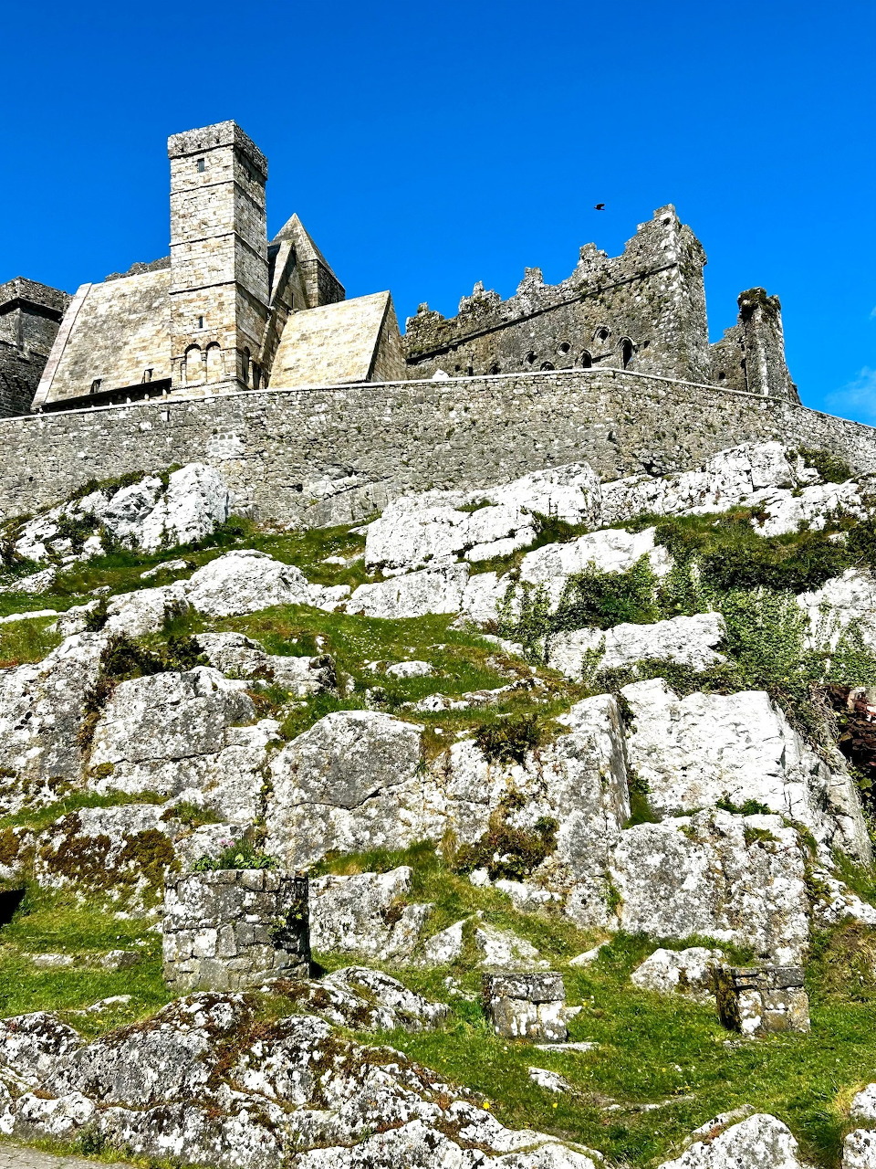 Rock of Cashel medieval castle perched on a limestone rock under a bright blue sky, Ireland