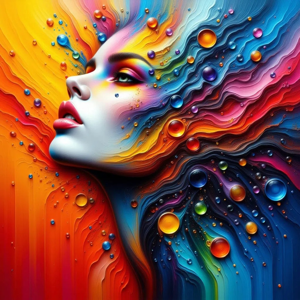 Colorful abstract portrait of a woman's profile with swirling rainbow textures and droplets