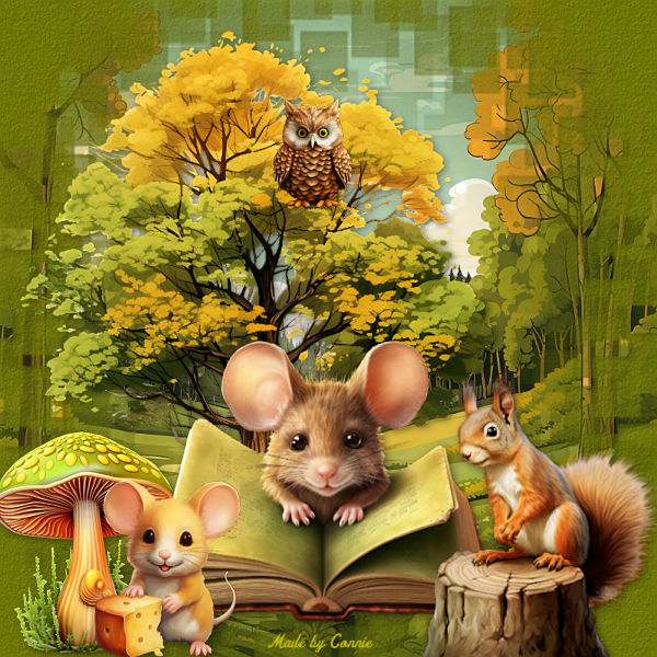 Two mice reading an open book under yellow autumn trees with owl and squirrel in forest scene