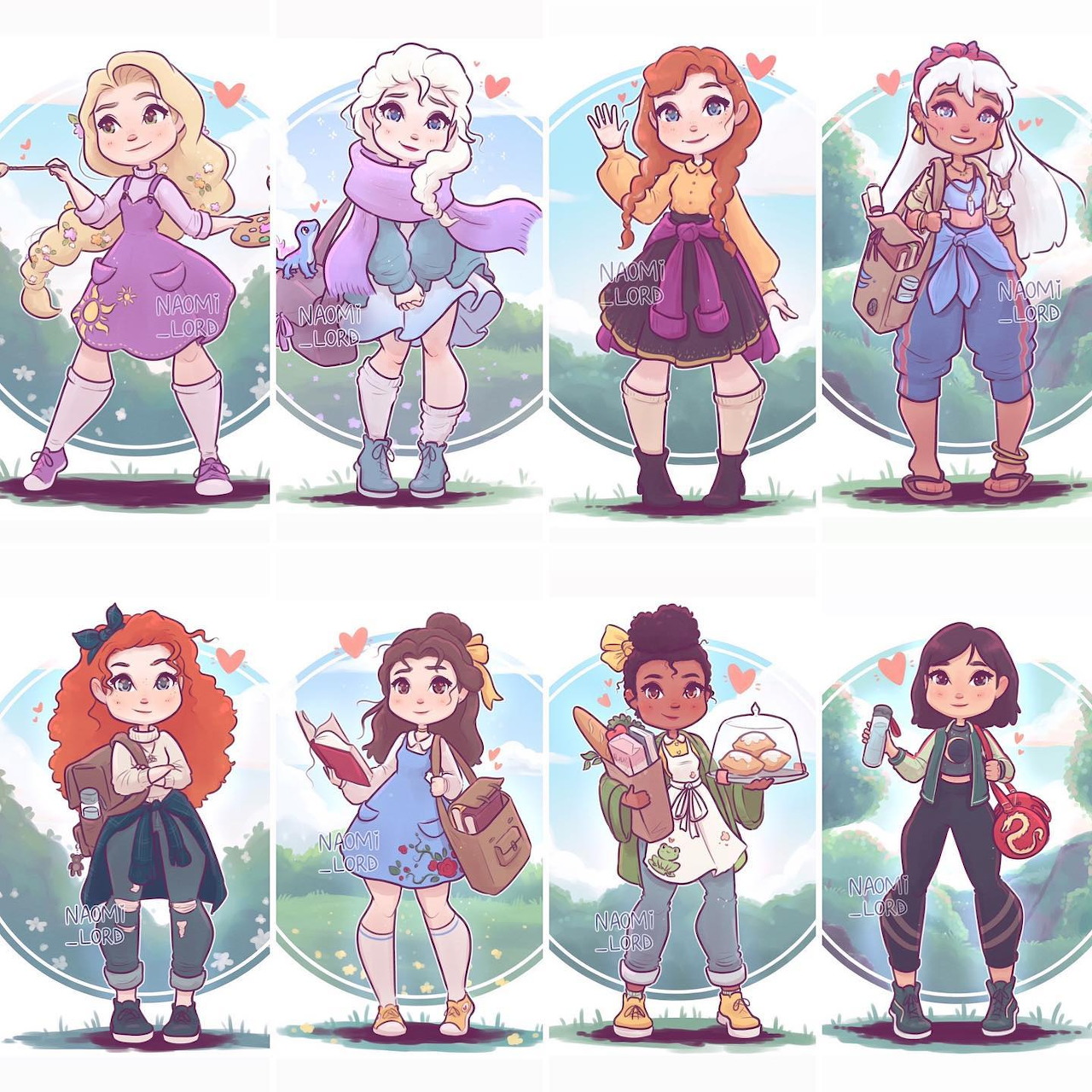 Eight chibi anime girls in colorful outfits standing in two rows with hearts and clouds in the background