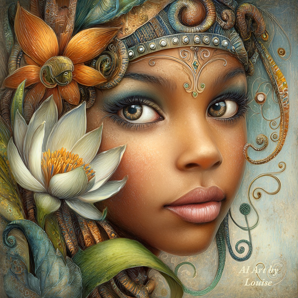 Digital portrait of a woman with ornate headpiece and large flowers beside her face