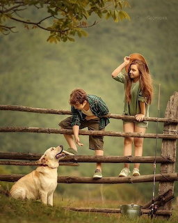 Two children on a wooden dock looking at a golden retriever sitting below by a calm lake in autumn setting