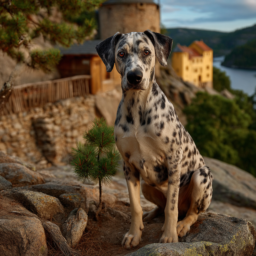 Dalmatian dog sitting on stone wall with castle and lake view at sunset