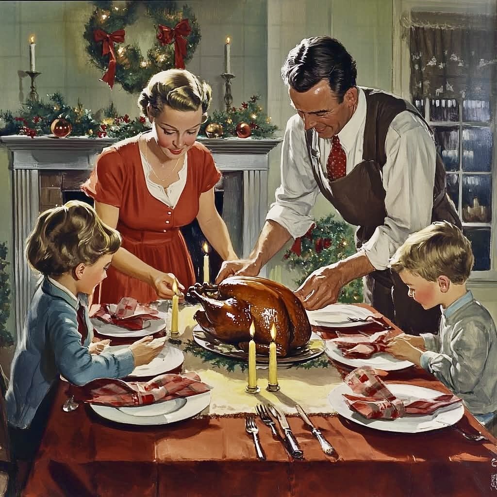 Vintage illustration of family at Thanksgiving dinner table with turkey, parents and two children in 1950s-style dining room