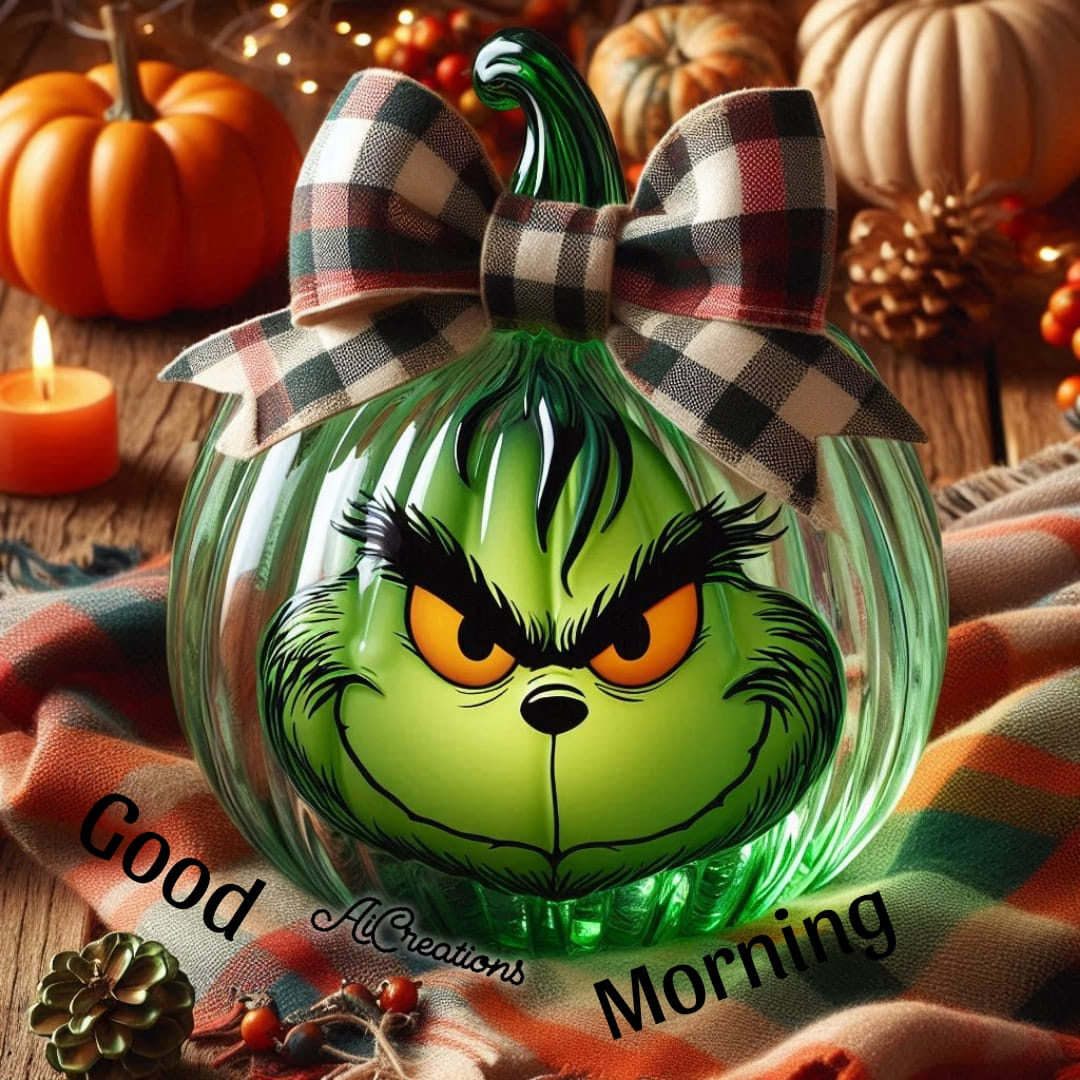 Green glass ornament with a Grinch face, plaid bow, pumpkins, pinecones, and Good Morning text