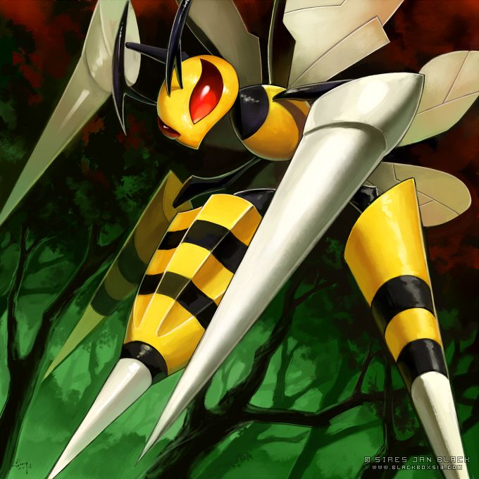 Mega Beedrill Pokemon with yellow body, black stripes, and white stingers in forest setting