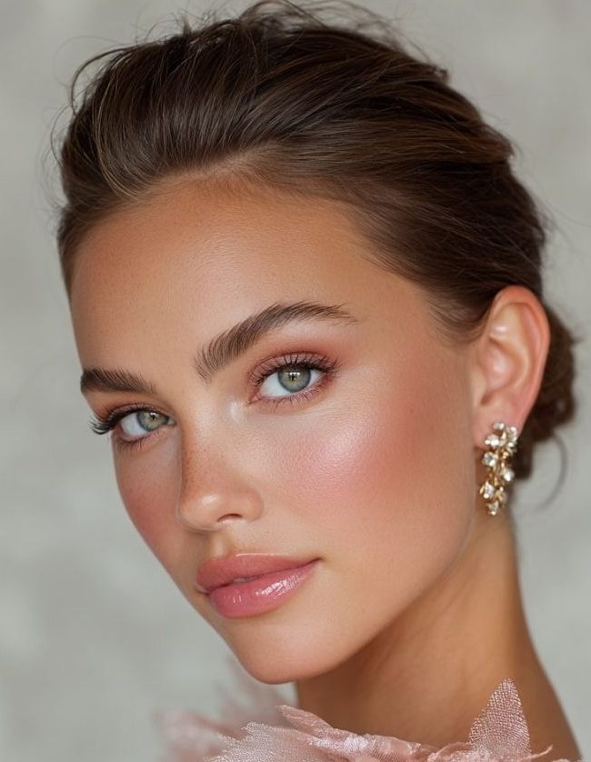 Young woman with green eyes, glowing skin, natural makeup, and a gold floral earring