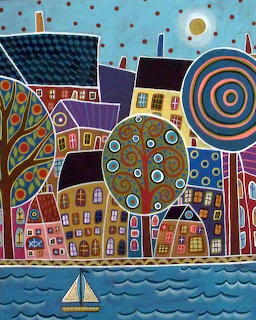 Naive art painting of colorful houses by the sea with sailboat and decorative trees