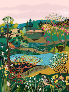 Vibrant illustrated landscape with river valley, colorful trees, flowers, and rolling hills in folk art style