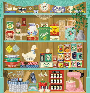 Illustrated pantry shelves with vintage containers, jars, teapots, and kitchen accessories in bright colors