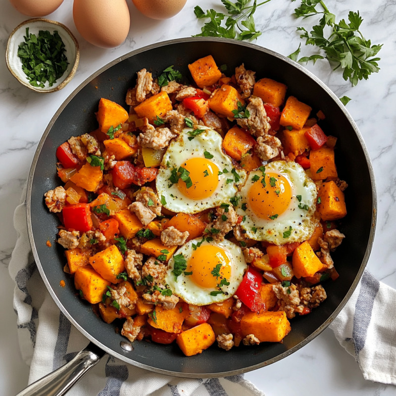 Skillet of turkey and sweet potato hash with three fried eggs, seen from above