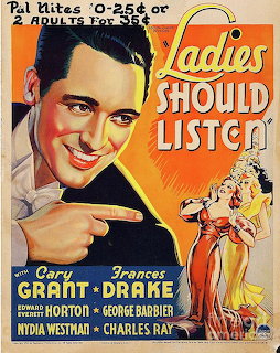 Vintage movie poster showing Cary Grant gesturing beside title Ladies Should Listen with actress in elegant gown