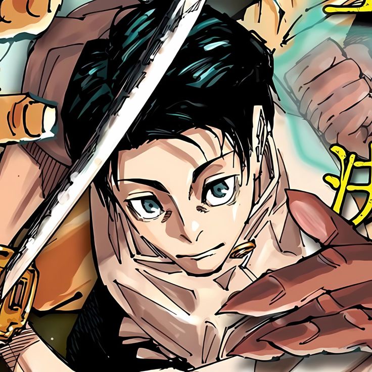 Anime portrait of dark-haired character with blue eyes and raised hands in defensive pose