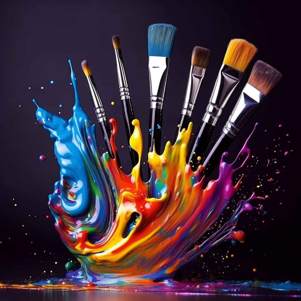 Artist brushes rising from a vivid multicolor paint splash on a dark background